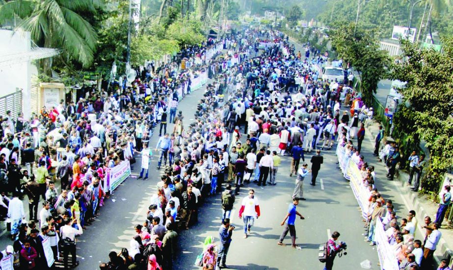 Different organizations took to the street for several hours in front of the Jatiya Press Club for implementing their various demands causing sufferings to commuters due to huge traffic jams from High Court to Motijheel area on Saturday.