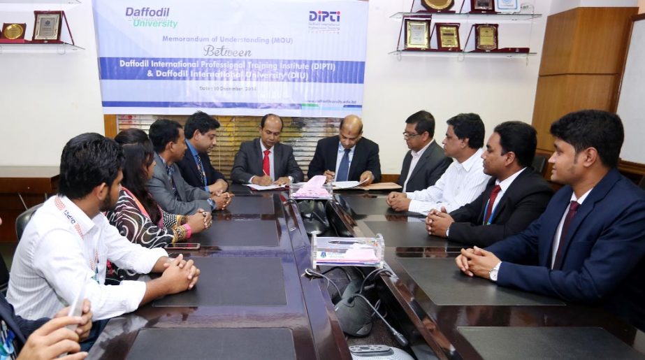Vice-Chancellor of Daffodil International University Prof Yousuf M Islam, PhD and Rathindra Nath Das, Executive Director, Daffodil International Professional Training Institute signing an MoU at the conference room of the University on Saturday.