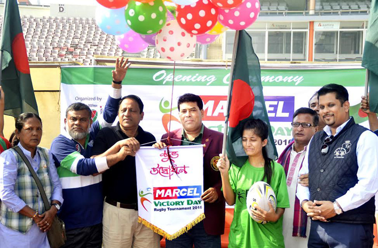 Head of Sports and Welfare Department of Walton Group FM Iqbal Bin Anwar Dawn inaugurating the Marcel Victory Day Rugby Tournament by releasing the balloons as the chief guest at the Bangabandhu National Stadium on Sunday.