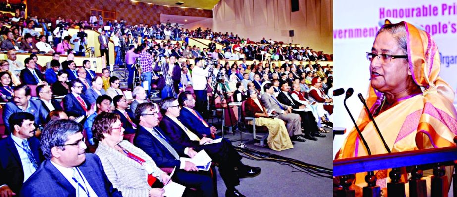 Prime Minister Sheikh Hasina speaking at the Dhaka Summit on Skills, Employment and Decent Work 2016 Conference at the Osmany Memorial Auditorium on Sunday.