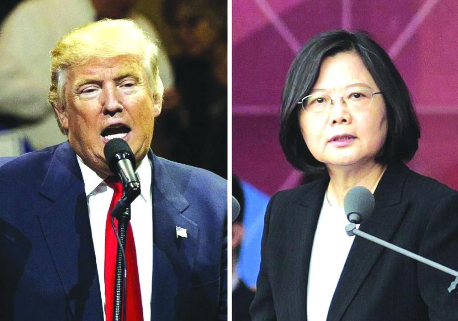 This combination of two photos shows U.S. President-elect Donald Trump, left, speaking during a "USA Thank You" tour event in Cincinatti and Taiwan's President Tsai Ing-wen, delivering a speech during National Day celebrations in Taipei, Taiwan.