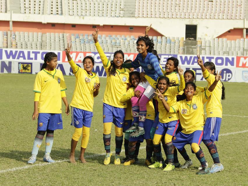 Players of Rangpur district Women team celebrate after beating Thakurgaon in tie-breaker at Bangabandhu National Stadium on Monday.