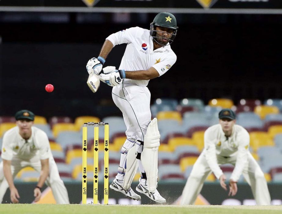 Pakistan's Sami Aslam plays a shot during play on day three of the first cricket test between Australia and Pakistan in Brisbane, Australia on Saturday.