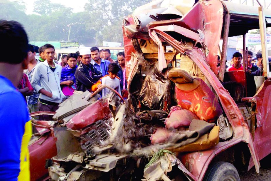 Six people including a woman were killed and 8 others injured when a bus rammed a human hauler in Eetahata area on Dhaka-Tangail Highway in Gazipur on Saturday.