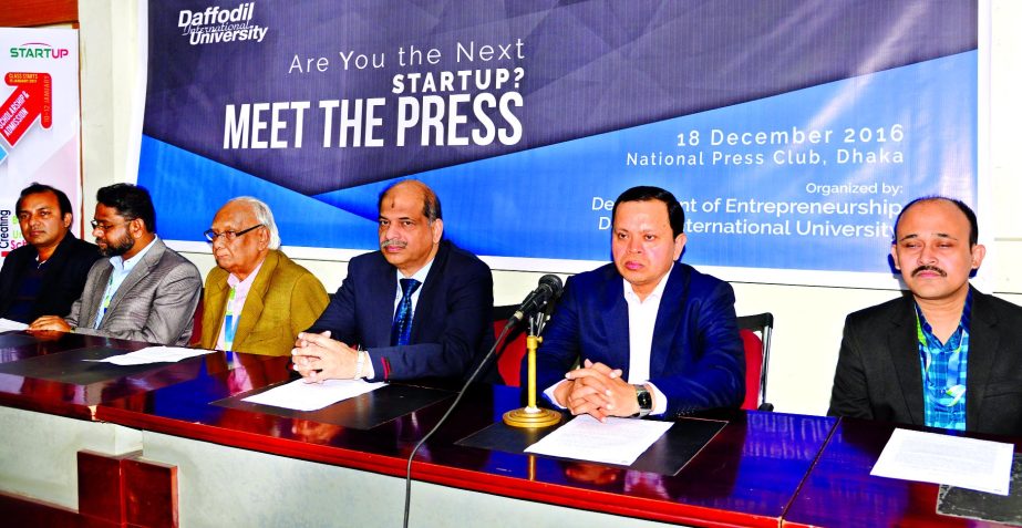 Chairman of the Trustee Board of Daffodil International University Sabur Khan speaking at a press conference on 'Different Steps and Procedures for Creating Entrepreneurs' at the Jatiya Press Club on Sunday.