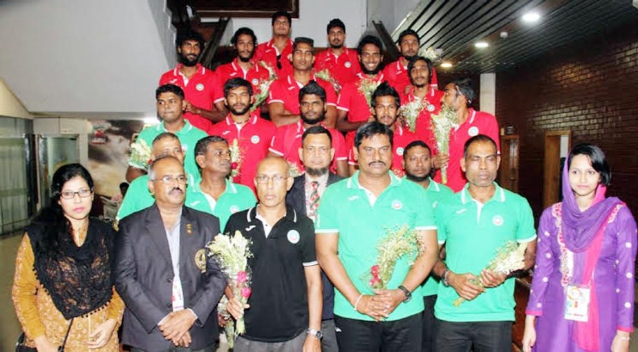 Members of Maldives National Volleyball team arrive at the Hazrat Shahjalal International Airport on Monday.