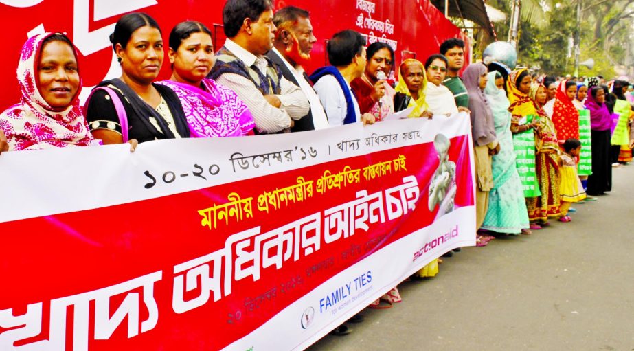 Different organisations formed a human chain in front of the Jatiya Press Club on Tuesday demanding Food Rights Law.