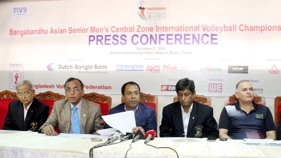 Senior Vice-President of Bangladesh Volleyball Federation AH Aslam Sunny addressing a press conference at the Shaheed Suhrawardy Indoor Stadium in Mirpur on Wednesday.