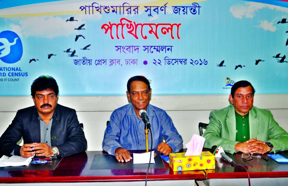 Coordinator of Bird Club Enamul Haque speaking at a press conference at the Jatiya Press Club on Thursday marking golden jubilee of the bird census.
