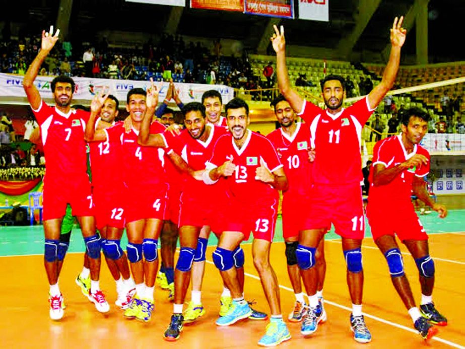 Members of Bangladesh National Volleyball team celebrating after defeating Nepal National Volleyball team in the Bangabandhu Asian Senior Men's Central Zone International Volleyball Championship at the Shaheed Suhrawardy Indoor Stadium in Mirpur on Frida