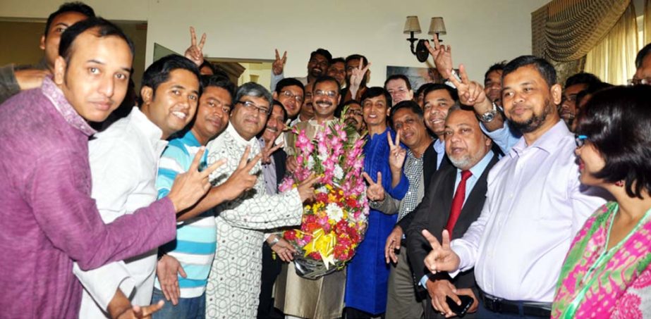 Newly- elected office-bearers of Bangladesh Medical Association, Chittagong being greeted by CCC Mayor AJM Nasir Uddin at his residence on Friday.