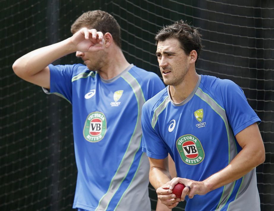 Mitchell Starc bowls during an Australian nets session in Melbourne, Australia on Saturday.