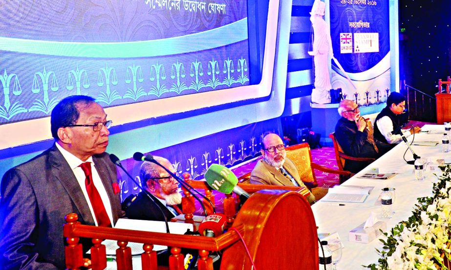 Chief Justice Surendra Kumar Sinha speaking at the two-day National Judicial Conference organised by the Supreme Court held at the Bangabandhu International Conference Centre in city as chief guest on Saturday.