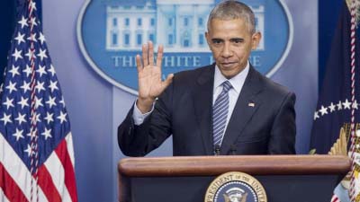 US President Barack Obama speaks during a press conference in the Brady Press briefing Room of the White House in Washington.