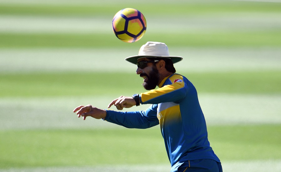 Pakistan captain Misbah-ul-Haq tries to head the ball as he engages in some footballat Melbourne on Saturday.