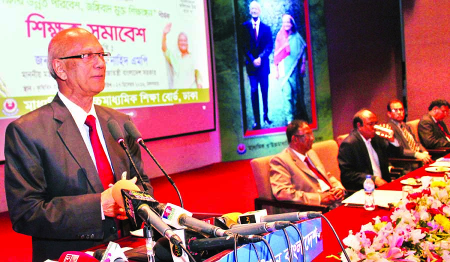 Education Minister Nurul Islam Nahid speaking at a rally titled 'Atmosphere for the Development of Education, Militancy-free Educational Institutions' at Krishibid Institute in the city's Khamarbari on Tuesday.