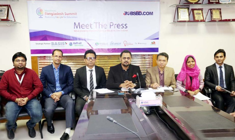 KM Hasan Ripon, Chief Executive Officer, JOBSBD.COM and Convener along with other distinguished guests at the 'Meet the Press' on Bangladesh Summit, Featuring Google for Education 2017 held on Wednesday at the Conference Room of Daffodil International U
