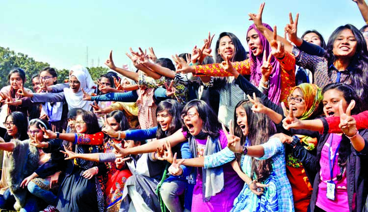 Students of the city's Uttara Rajuk School and College exulting on its campus on Thursday over their good results of JSC examination.