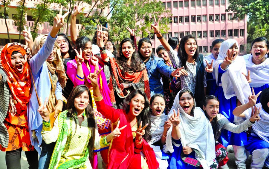 Students of the city's Motijheel Ideal School and College rejoicing with their brilliant results of JSC examination on its campus on Thursday.