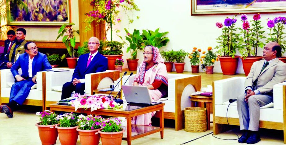 Prime Minister Sheikh Hasina speaking at the JSC, JDC, PSC and Ibtedayee examinations of 2016 results handing over ceremony at Ganobhaban in the city on Thursday. BSS photo