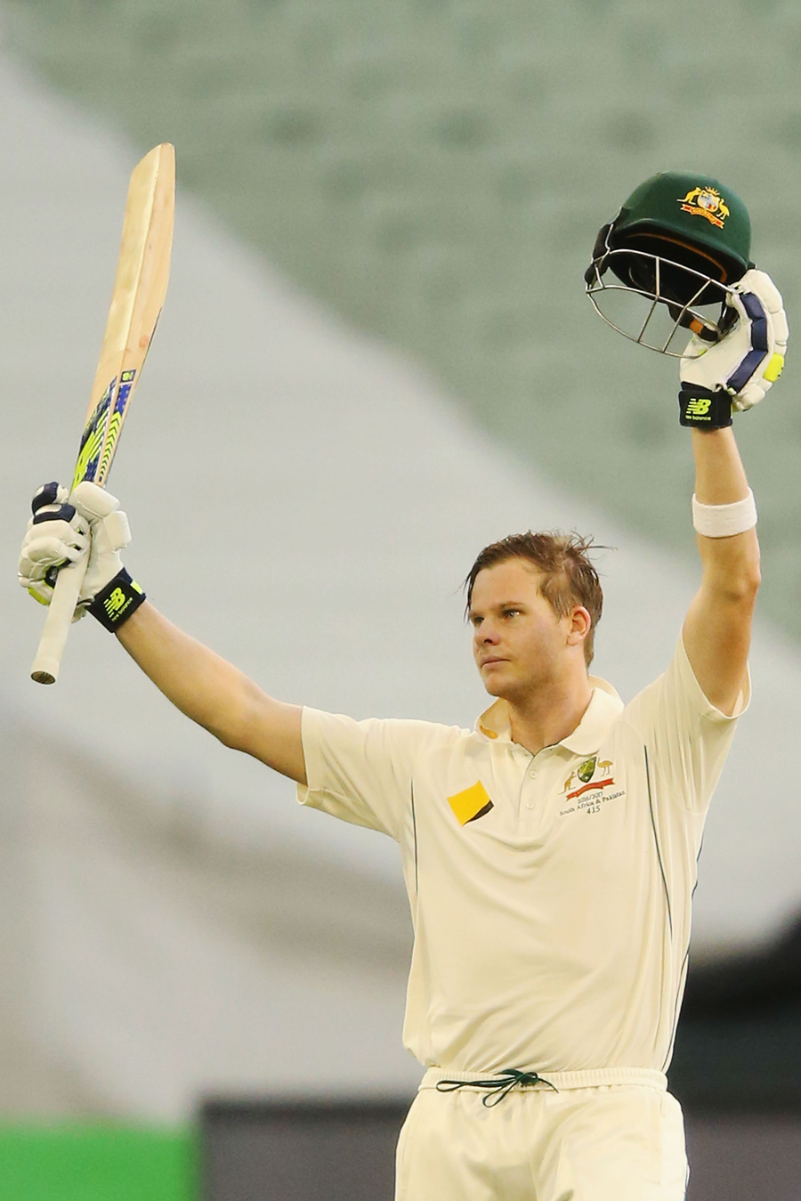 Steven Smith raises his bat after reaching his century on the 4th day of 2nd Test between Australia and Pakistan at Melbourne on Thursday.