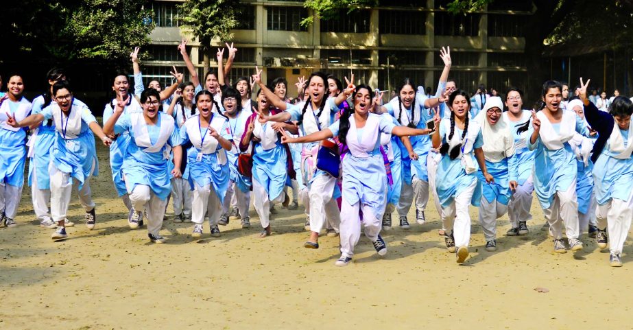 Students of Viqarunnisa Noon School and College rejoicing over the success in the JSC, PEC examination results published on Thursday.