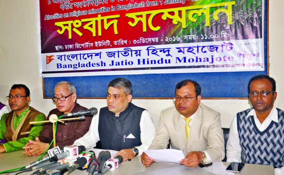 General Secretary of Bangladesh Jatiya Hindu Mahajote Sudwip Chandra Halder speaking at a prÃ¨ss conference on revealing pictures of repression on religious minorities organised by the mahajote at Dhaka Reporters Unity auditorium on Friday.