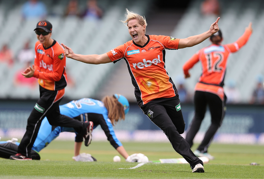 Katherine Brunt celebrates a wicket in the Women's Big Bash League between Strikers and Scorchers at Adelaide on Saturday.