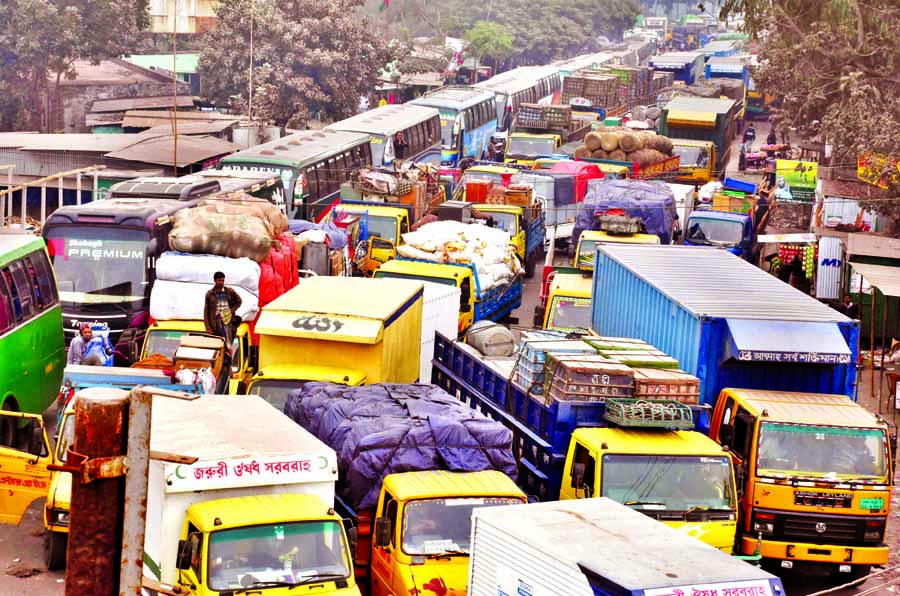 Both sides of Bangabandhu Bridge remained stuck in huge traffic jam for several hours. This photo was taken from Tangail area on Monday.