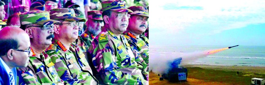 Chief of Army Staff General Abu Belal Muhammad Shafiul Huq witnessing the test-firing of Air Defence Missile FM-90 at Nidania Firing Range in Cox's Bazar district on Tuesday.