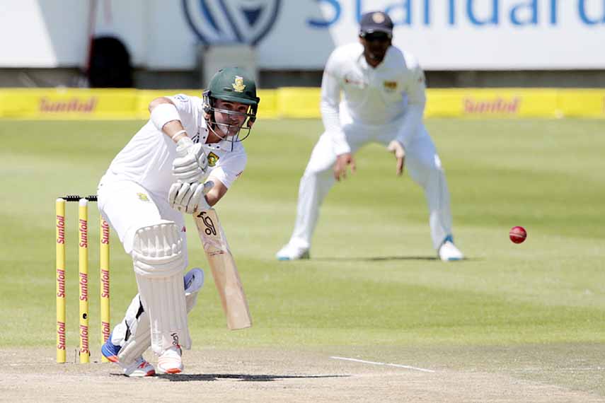 Dean Elgar of South Africa pushes down the ground on the 3rd day of the 2nd Test between South Africa and Sri Lanka at Cape Town in South Africa on Wednesday.