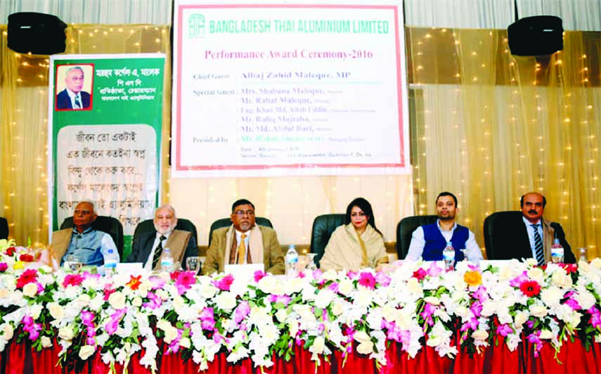 State Minister of Health and Family Welfare Zahid Maleque, MP, among others, at a performance award ceremony organised by Bangladesh Thai Aluminium Ltd in the city's Spectra Convention Center on Wednesday.