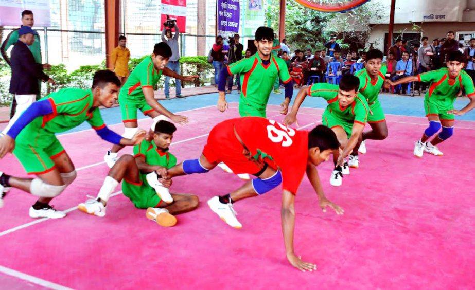 The selected grass-root level kabaddi players in action at the Kabaddi Stadium on Thursday.
