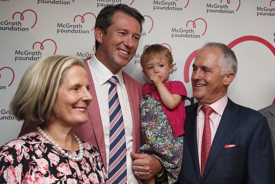 From left: Lucy Turnbull, Glenn McGrath, Madison McGrath and Australian Prime Minister Malcolm Turnbull pose during a McGrath Foundation lunch as part of Jane McGrath Day on day three of the third Test match between Australia and Pakistan at Sydney Cricke