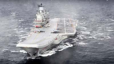 The Admiral Kuznetsov aircraft carrier during its mission in the eastern Mediterranean Sea.