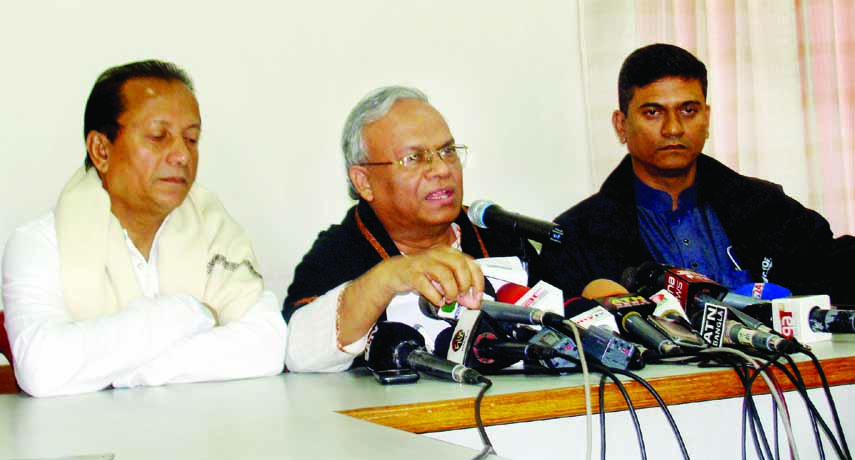 Joint Secretary General of BNP Ruhul Kabir Rizvi Ahmed speaking at a press conference at the party central office in the city's Nayapalton on Saturday in protest against not giving permission to hold rally of the party.