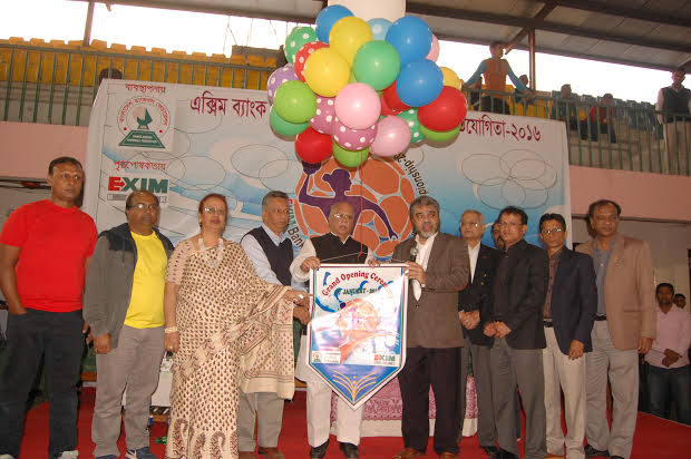 Minister for Health and Family Welfare Mohammed Nasim inaugurating the EXIM Bank 27th National Women's Handball Championship by releasing the balloons as the chief guest at the Shaheed (Captain) M Mansur Ali National Handball Stadium on Saturday.
