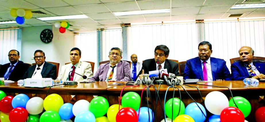 Arastoo Khan, newly elected chairman of Islami Bank Bangladesh Limited (IBBL) addressing in a press conference at the banks head office in the city on Sunday. Professor Syed Ahsanul Alam Pervez, Vice Chairman, Major General (Retd) Eng Abdul Matin, EC Chai