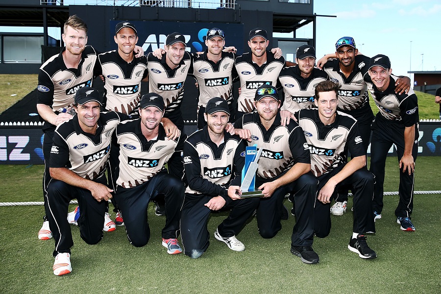 The New Zealand players strike a pose after winning the T20 I series 3-0 against Bangladesh after 3rd T20I at Mount Maunganui in New Zealand on Sunday.