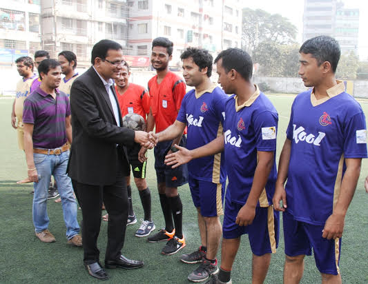 Vice-President of Bangladesh Football Federation (BFF) Badal Roy being introduced with the participants of the Kool-BSJA Media Cup Football at the BFF Artificial Turf on Sunday.