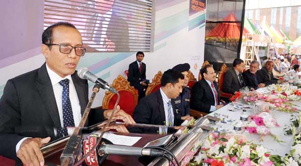Chairman of Bangladesh Economic Zone Authority Paban Chowdhury seen addressing the opening ceremony of Development Fair at Chittagong MA Aziz Stadium premises as Chief Guest yesterday.