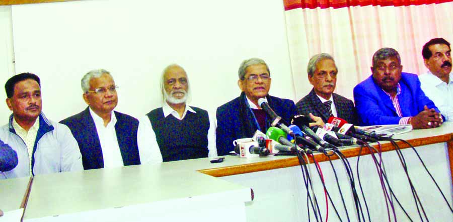 BNP Secretary General Mirza Fakhrul Islam Alamgir speaking at a prÃ¨ss conference at the party central office in the city's Nayapalton on Monday in protest against not giving permission to hold rally in the city.