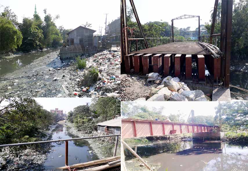 The historic Birja Beel has turned into a dead canal due to establishment of illegal construction and filling of garbage. This picture was taken on Tuesday.