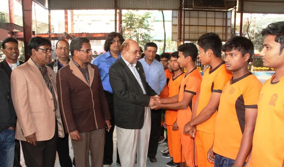 General Secretary of Bangladesh Amateur Wrestling Federation Tabiur Rahman Palowan being introduced with the participants of the selected talent under-16 wrestlers' training programme at the Shaheed (Captain) M Mansur Ali National Handball Stadium on Thu