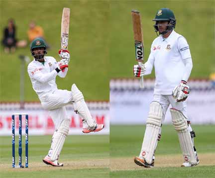 Tamim Iqbal bats (left) and Mominul Haque celebrates his half century during day one of the first Test match against New Zealand at Basin Reserve in Wellington, New Zealand on Thursday.