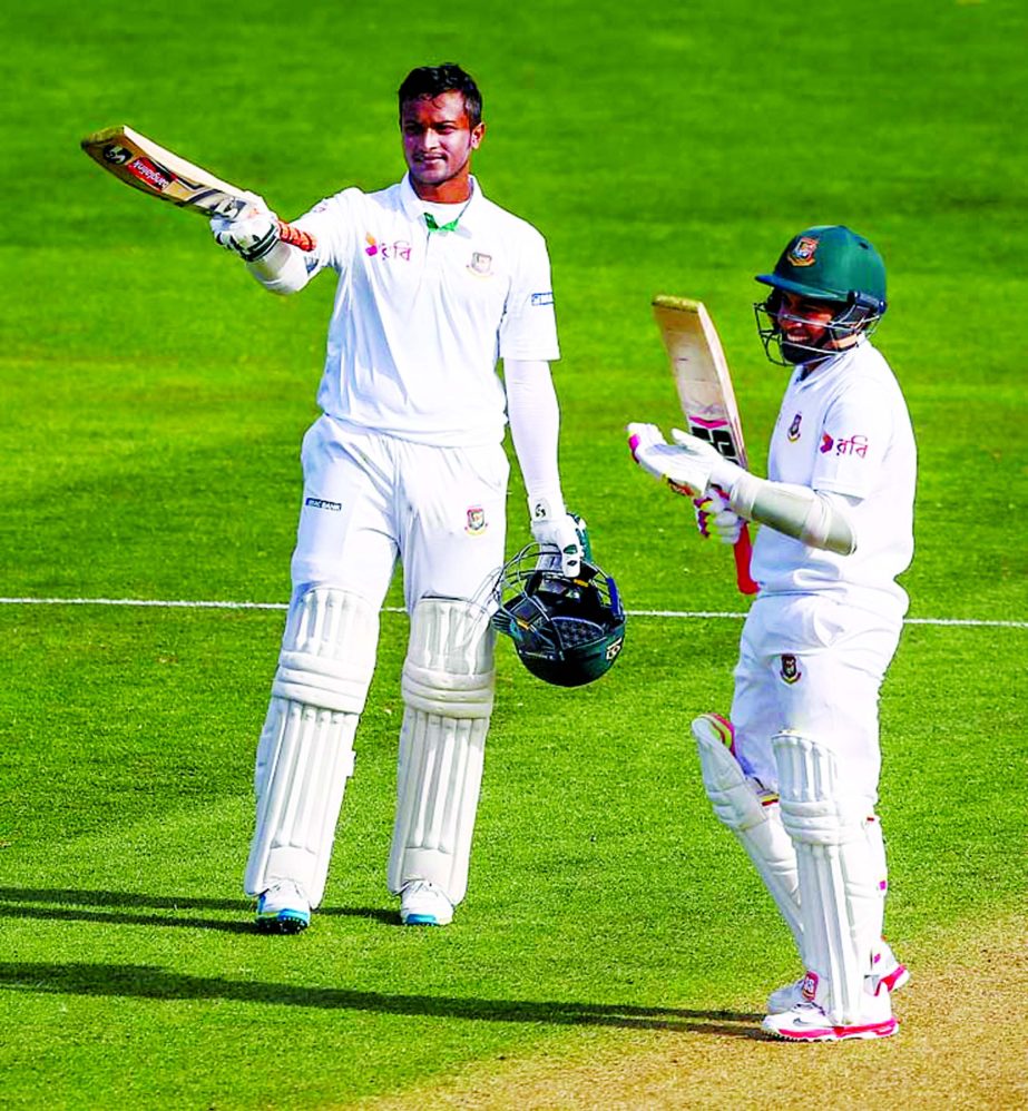 Shakib Al Hasan celebrates his double-ton on 2nd day of 1st Test at Wellington on Friday.