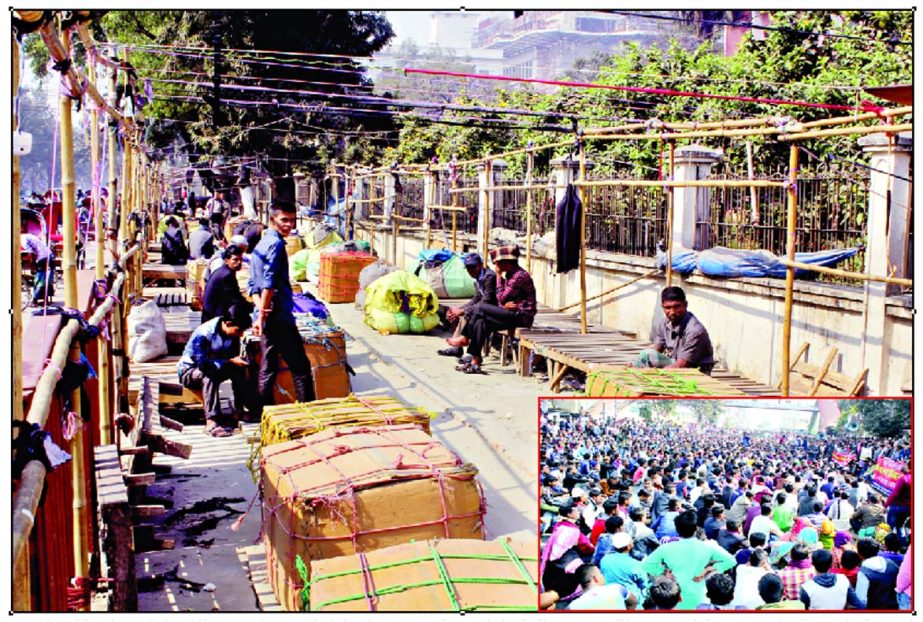 Aggrieved hawkers sitting idle wrapping up their businesses on footpath in Gulistan area. They staged demonstration(inset) in front of the Jatiya Press Club on Saturday against Dhaka South City Corporation.