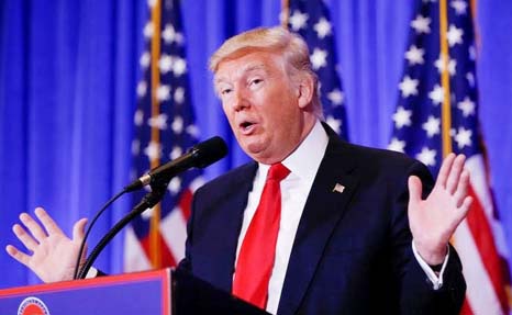 President-elect Donald Trump speaks during a news conference in the lobby of Trump Tower in Manhattan.