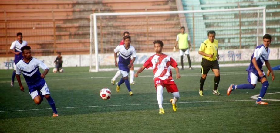 . A moment of the match of the Saif Power Tec Dhaka Metropolis Second Division Football League between Azampur Football Club and Mugda Samaj Kalyan Sangsad at the Bir Shreshtha Shaheed Sepoy Mohammad Mostafa Kamal Stadium in Kamalapur on Sunday. Azampur w