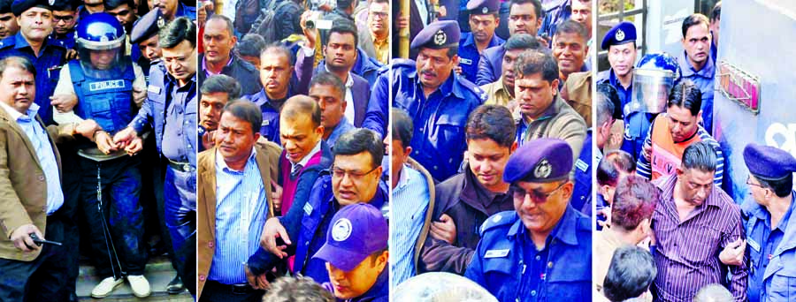 N'ganj 7-murder convicts (from left) Nur Hossain, Lt. Col. Tareque Sayeed, Lt. Commander Masud Rana and Major Arif Hossain are being taken to the prison by law enforcers after verdict at Narayanganj District and Sessions Judgeâ€™s Court on Monday.